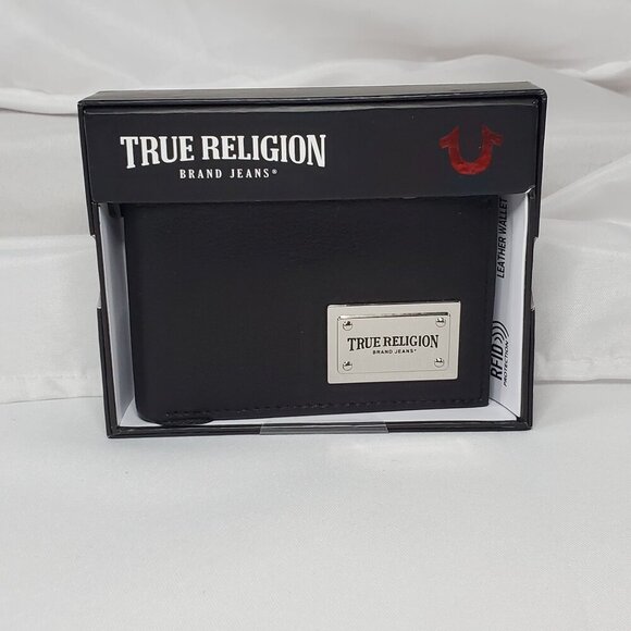 True Religion Mens Black Leather Wallet Bifold RFID Protection & Gift Box - Picture 1 of 5